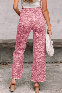 High-Rise Pink Leopard Frayed Edge Wide Leg Jeans