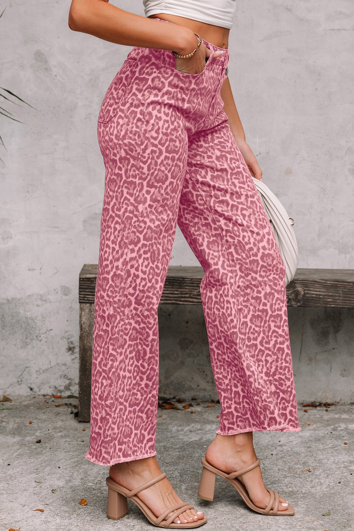 High-Rise Pink Leopard Frayed Edge Wide Leg Jeans