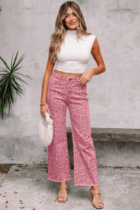 High-Rise Pink Leopard Frayed Edge Wide Leg Jeans