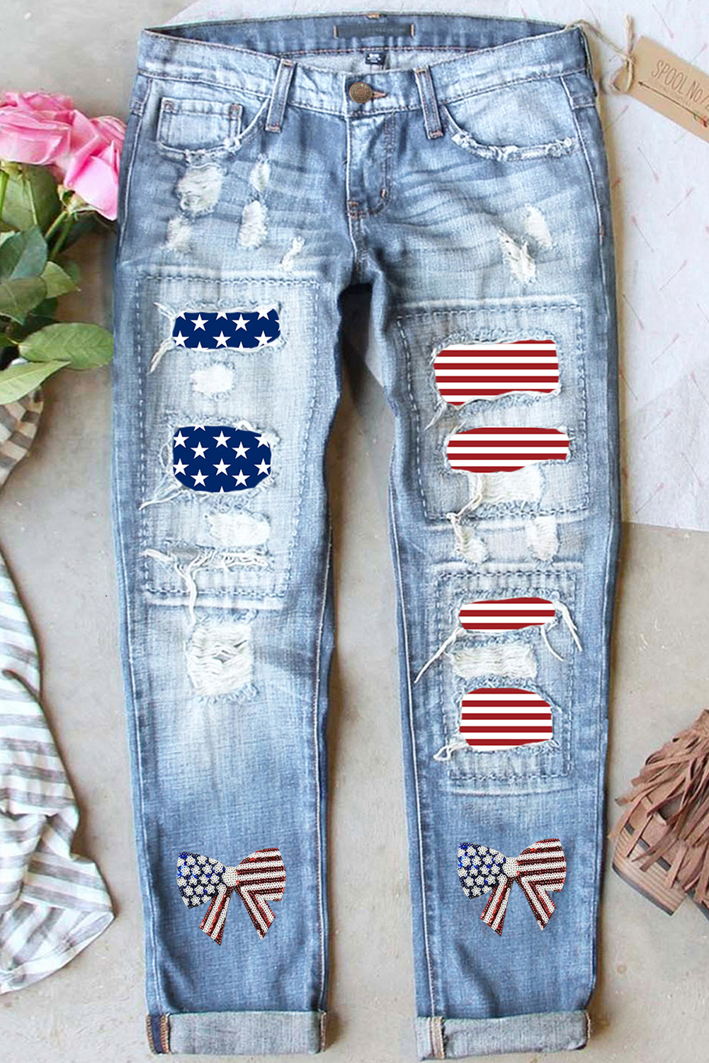 Americana Patched Light Blue Distressed Jeans