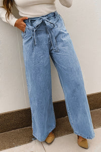 Penny Denim-Tied Sash Wide Leg Blue Jeans