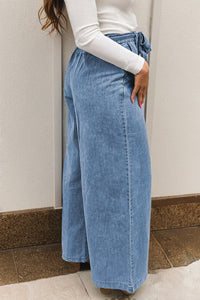 Penny Denim-Tied Sash Wide Leg Blue Jeans