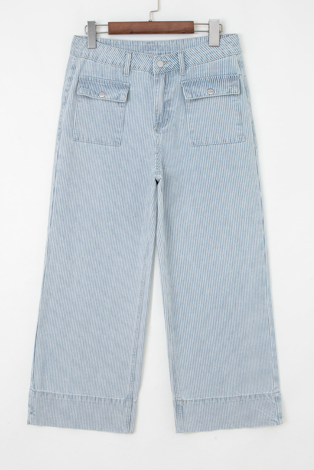 Blue & White Pinstriped Cropped Jeans w/Front Patch Button Pockets
