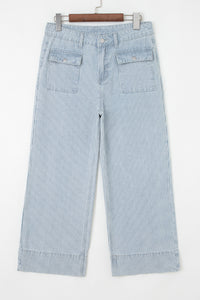 Blue & White Pinstriped Cropped Jeans w/Front Patch Button Pockets