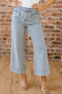 Blue & White Pinstriped Cropped Jeans w/Front Patch Button Pockets