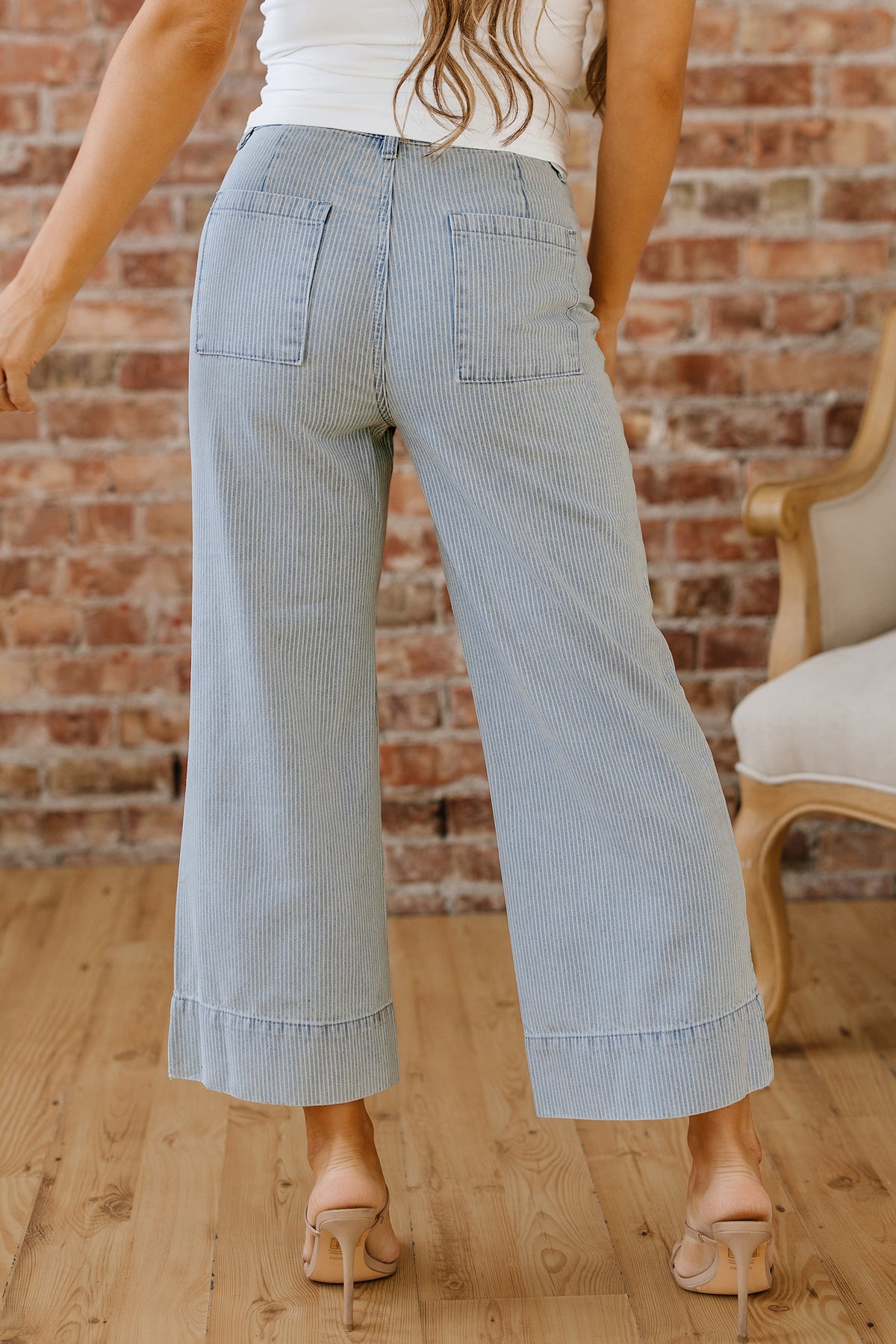 Blue & White Pinstriped Cropped Jeans w/Front Patch Button Pockets