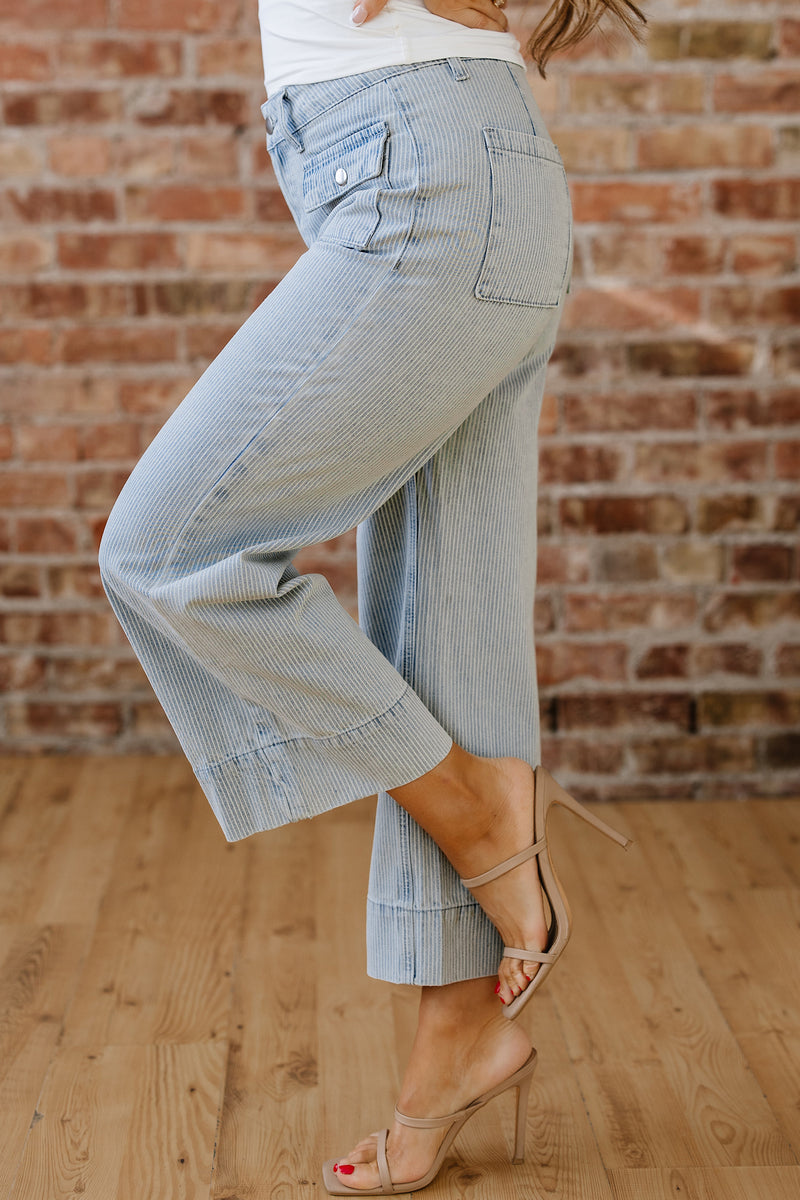 Blue & White Pinstriped Cropped Jeans w/Front Patch Button Pockets