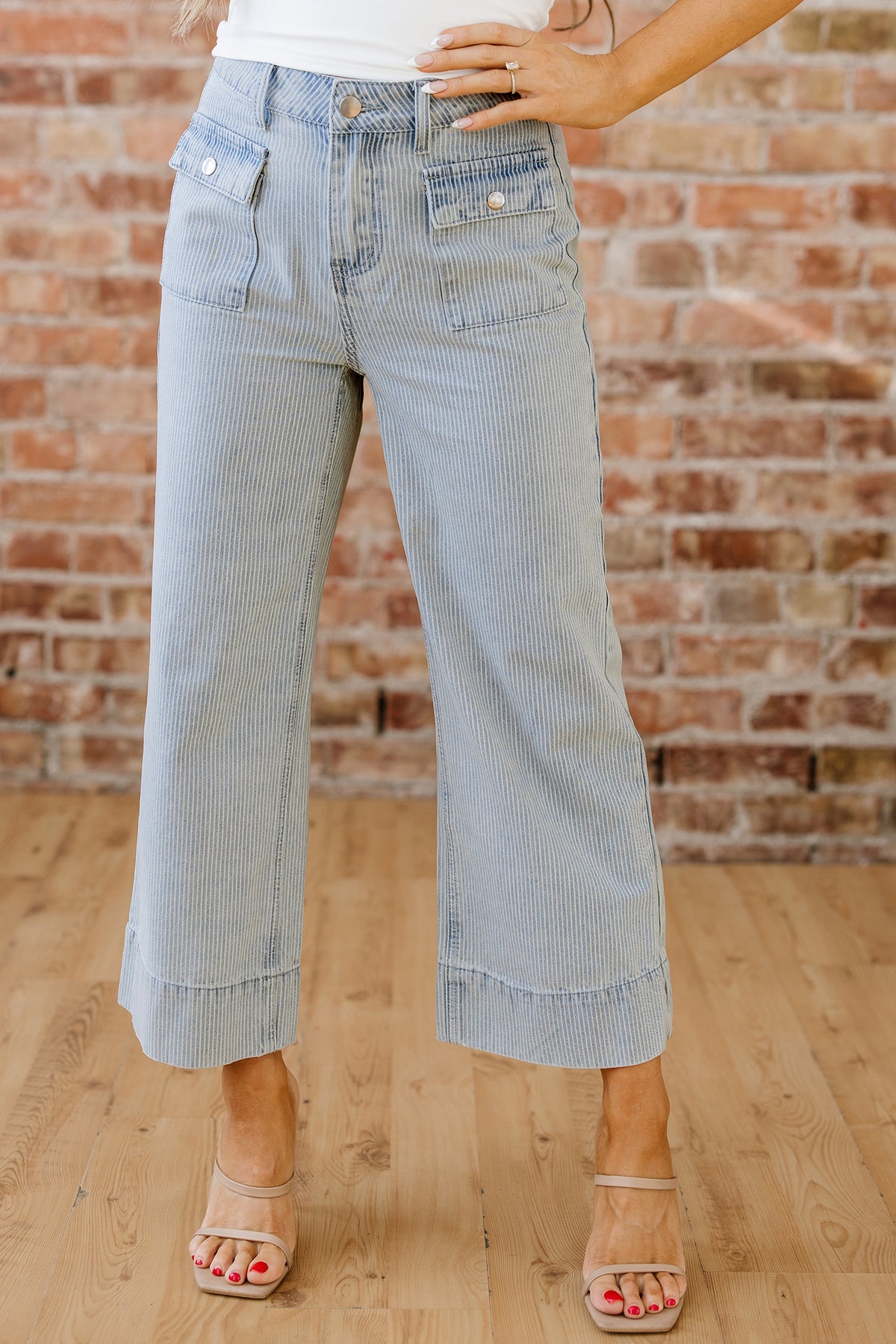 Blue & White Pinstriped Cropped Jeans w/Front Patch Button Pockets
