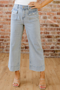 Blue & White Pinstriped Cropped Jeans w/Front Patch Button Pockets