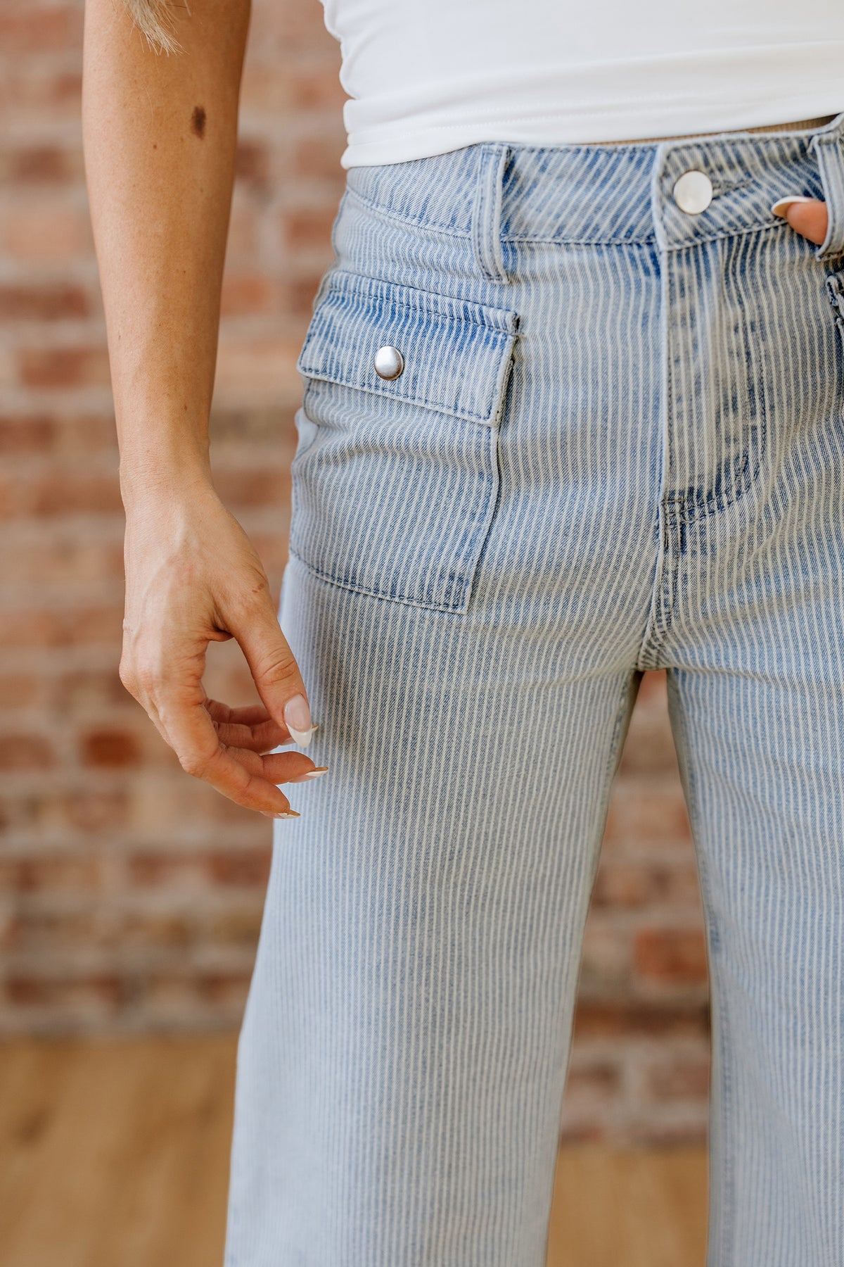 Blue & White Pinstriped Cropped Jeans w/Front Patch Button Pockets