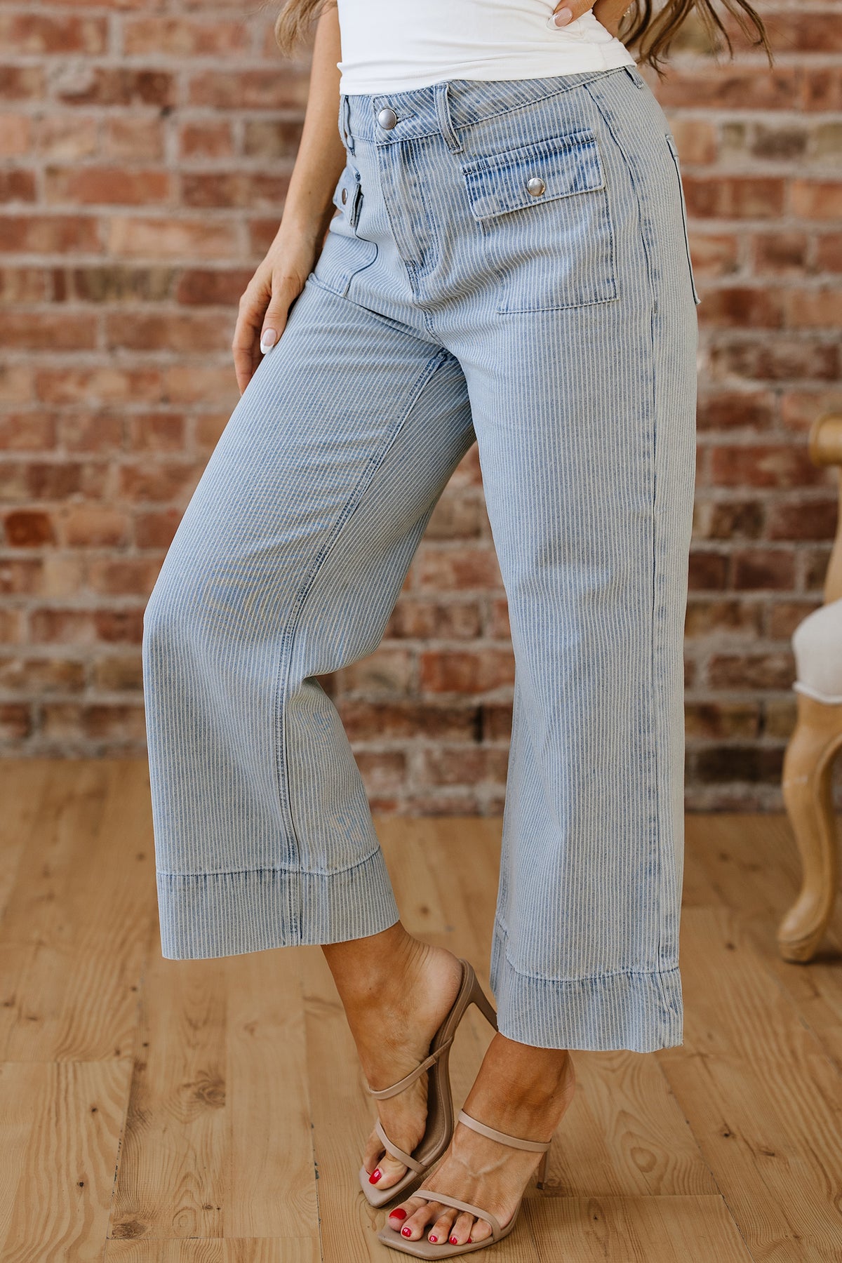 Blue & White Pinstriped Cropped Jeans w/Front Patch Button Pockets