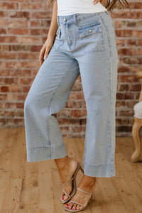 Blue & White Pinstriped Cropped Jeans w/Front Patch Button Pockets