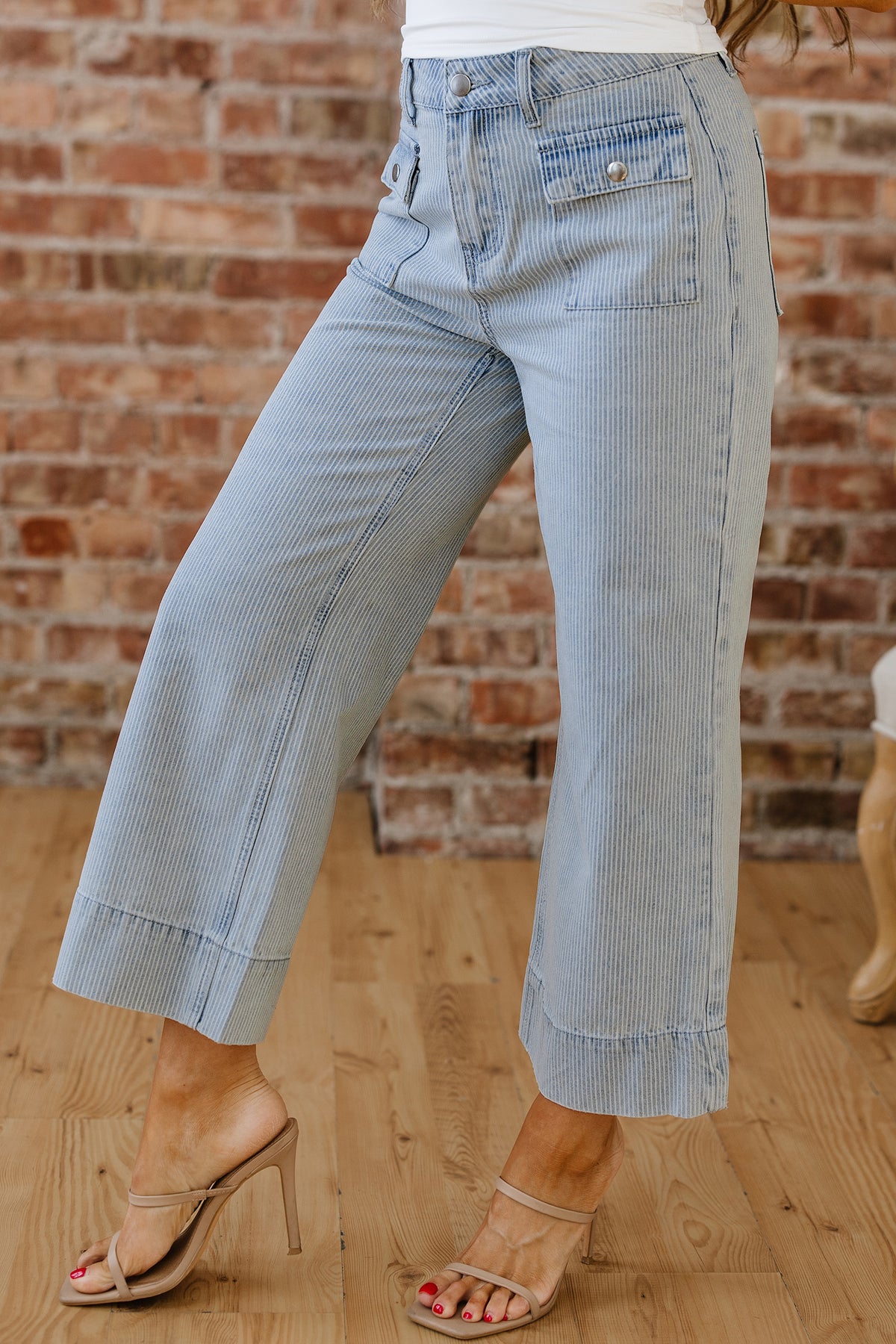 Blue & White Pinstriped Cropped Jeans w/Front Patch Button Pockets