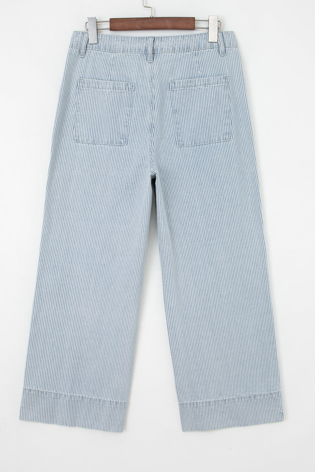 Blue & White Pinstriped Cropped Jeans w/Front Patch Button Pockets