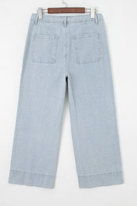 Blue & White Pinstriped Cropped Jeans w/Front Patch Button Pockets