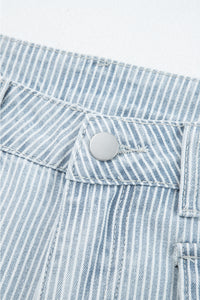Blue & White Pinstriped Cropped Jeans w/Front Patch Button Pockets