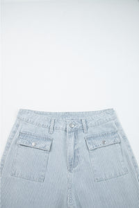 Blue & White Pinstriped Cropped Jeans w/Front Patch Button Pockets