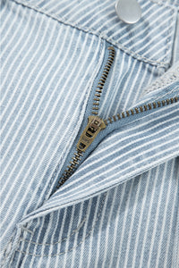 Blue & White Pinstriped Cropped Jeans w/Front Patch Button Pockets