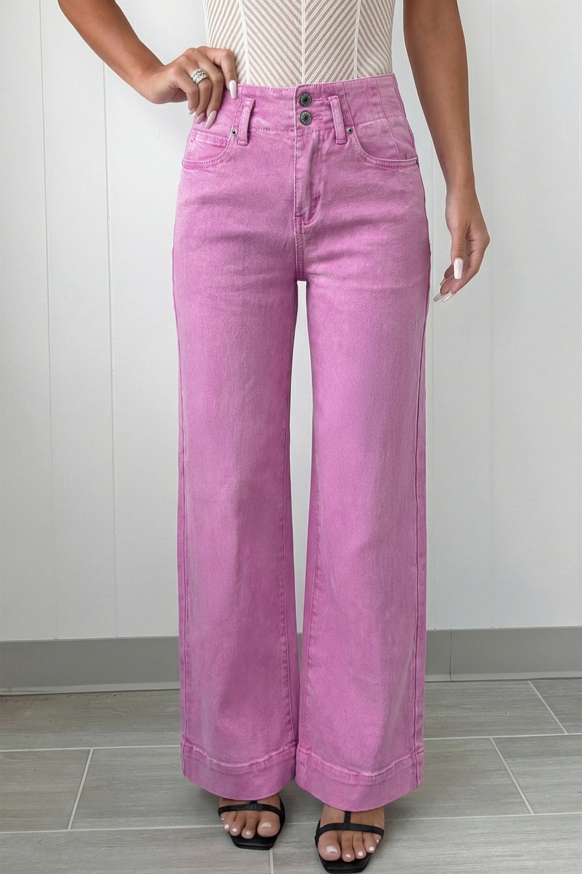 Abby (Pink) High-Rise Double Button Denim Jeans