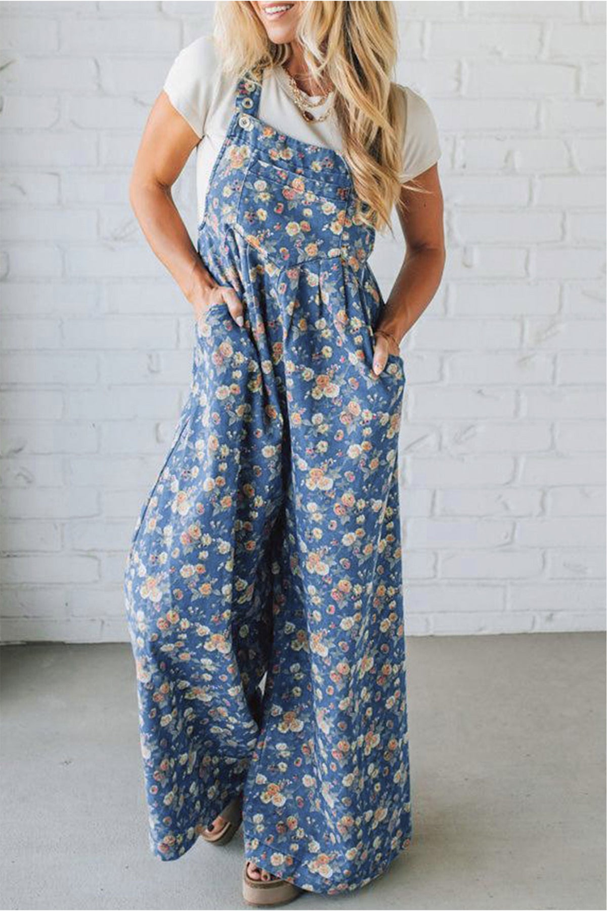 Rose-Printed Wide Leg Soft Denim Overalls