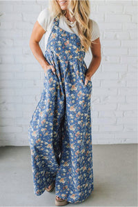 Rose-Printed Wide Leg Soft Denim Overalls