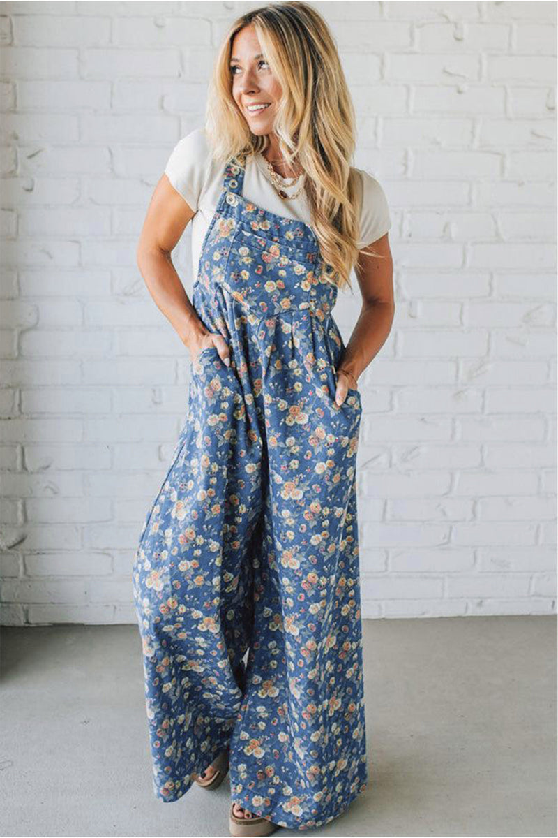 Rose-Printed Wide Leg Soft Denim Overalls