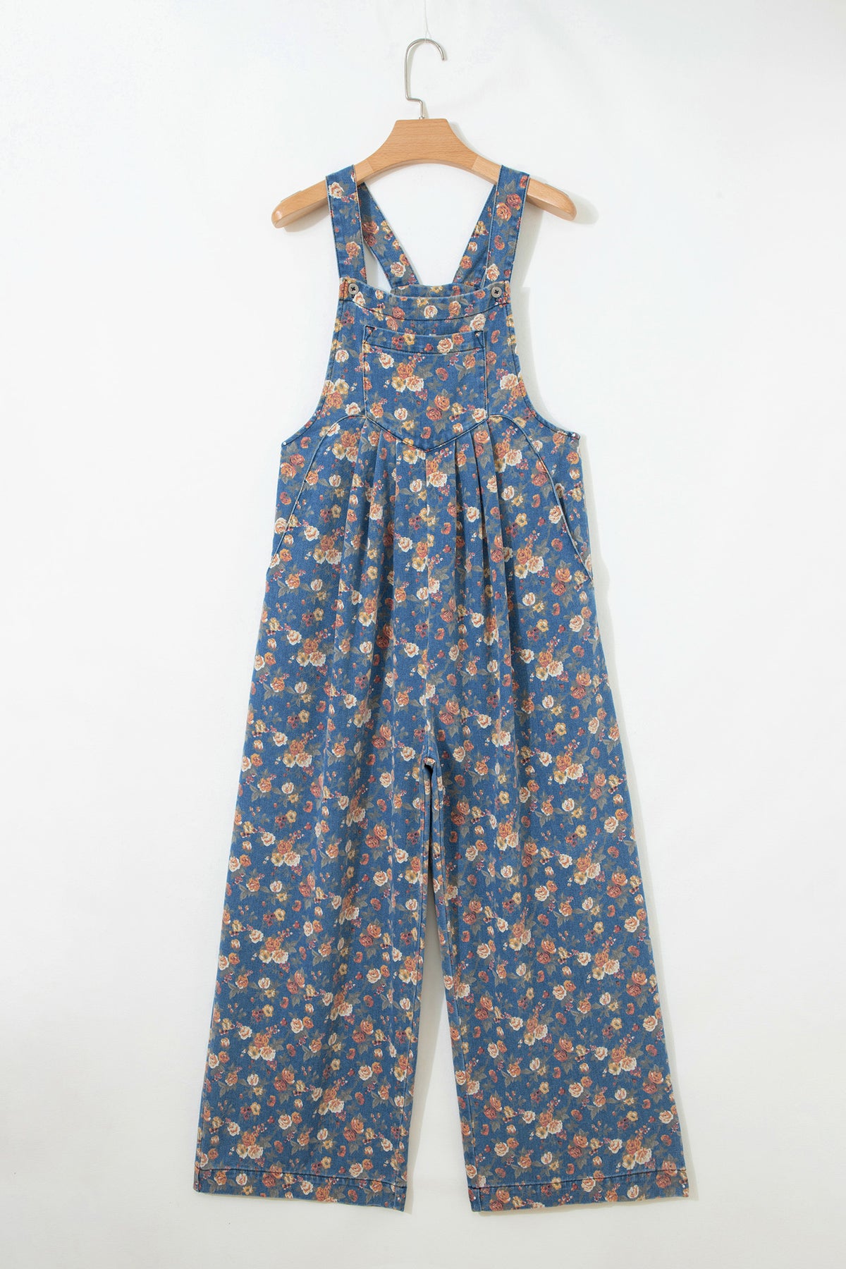 Rose-Printed Wide Leg Soft Denim Overalls