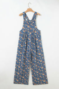 Rose-Printed Wide Leg Soft Denim Overalls