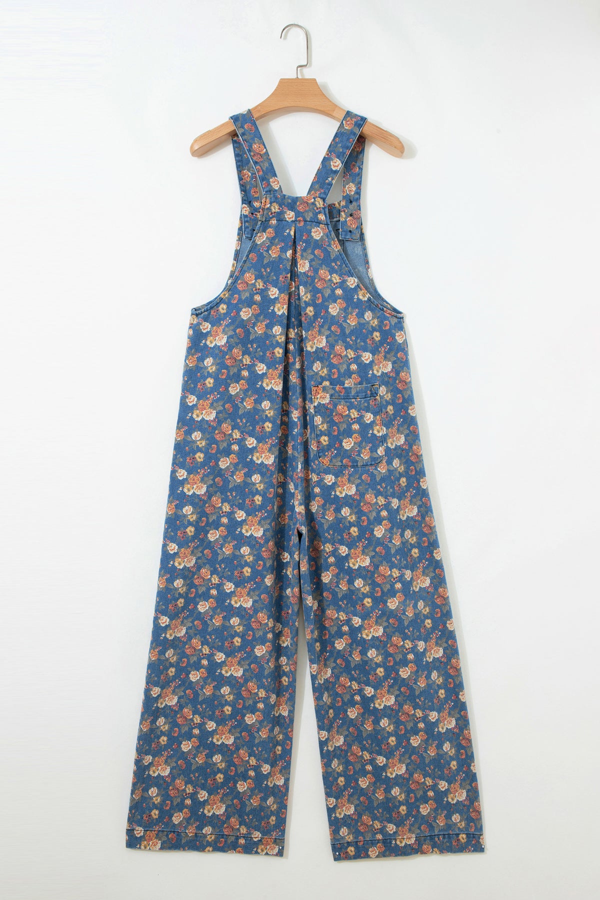 Rose-Printed Wide Leg Soft Denim Overalls