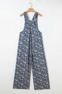 Rose-Printed Wide Leg Soft Denim Overalls