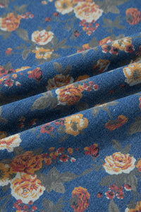 Rose-Printed Wide Leg Soft Denim Overalls