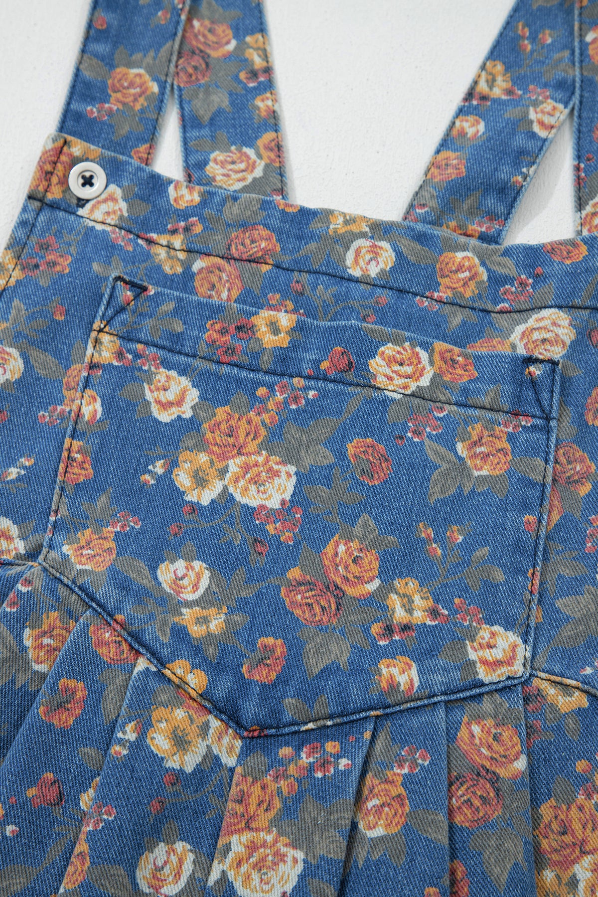 Rose-Printed Wide Leg Soft Denim Overalls