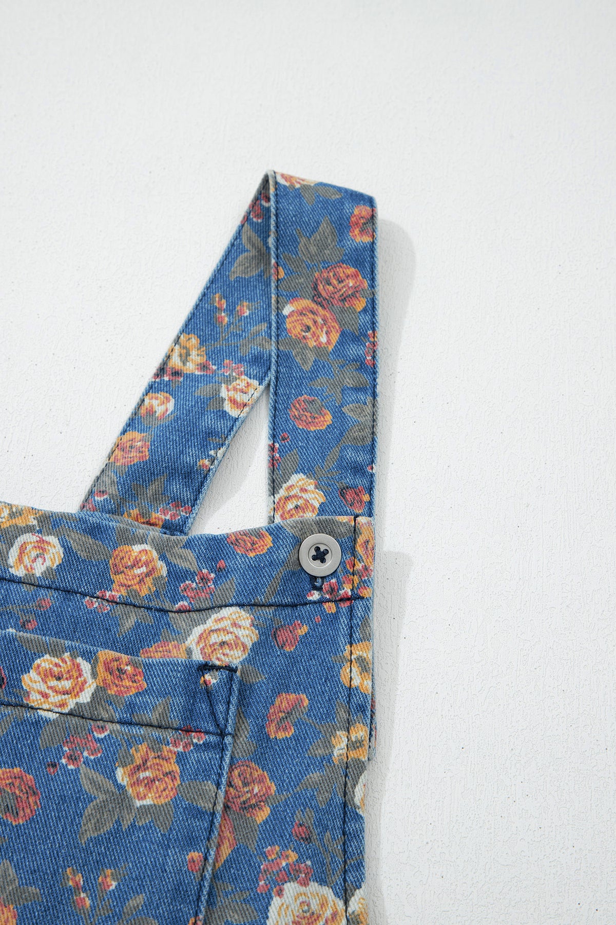 Rose-Printed Wide Leg Soft Denim Overalls