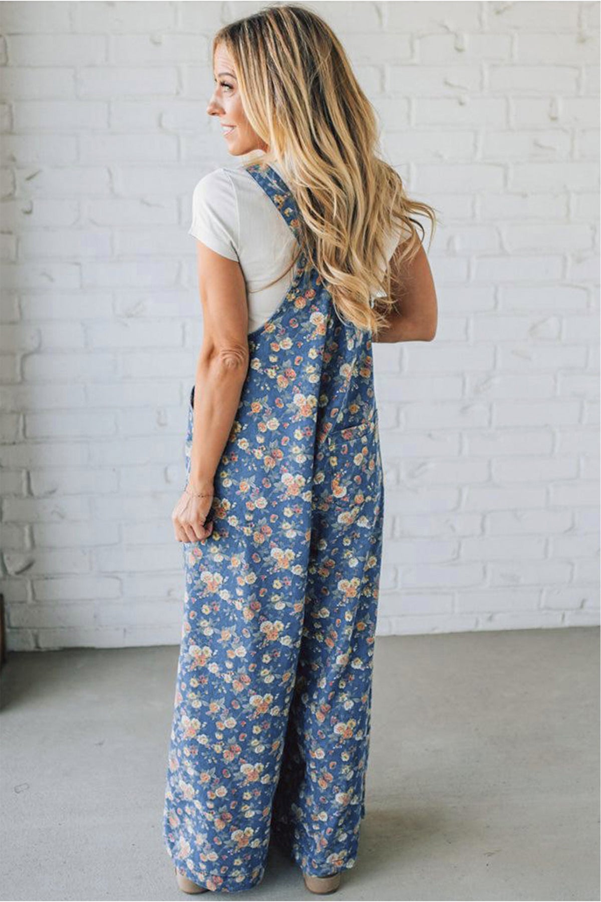 Rose-Printed Wide Leg Soft Denim Overalls