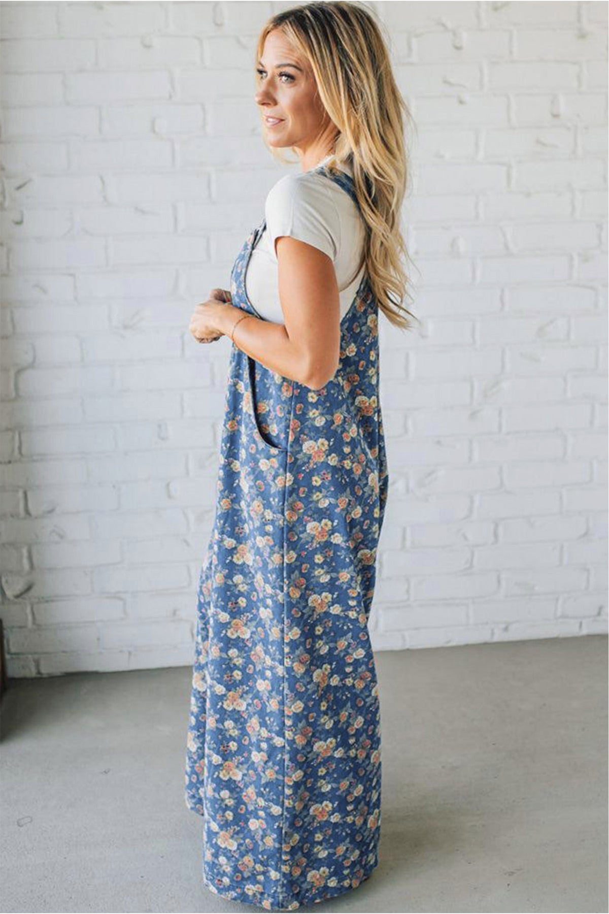 Rose-Printed Wide Leg Soft Denim Overalls