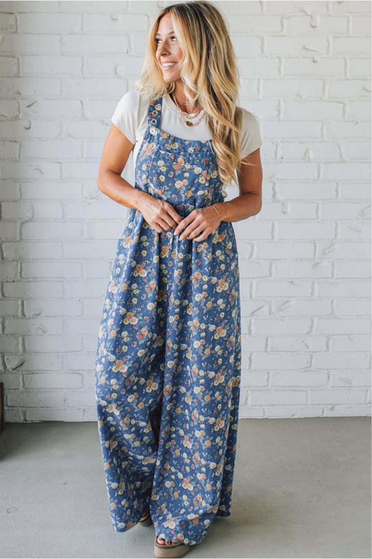 Rose-Printed Wide Leg Soft Denim Overalls
