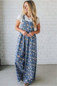 Rose-Printed Wide Leg Soft Denim Overalls