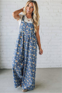 Rose-Printed Wide Leg Soft Denim Overalls