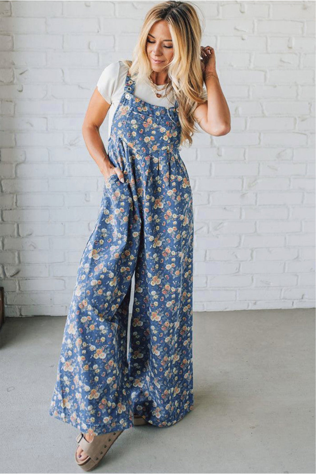 Rose-Printed Wide Leg Soft Denim Overalls