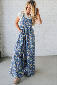Rose-Printed Wide Leg Soft Denim Overalls