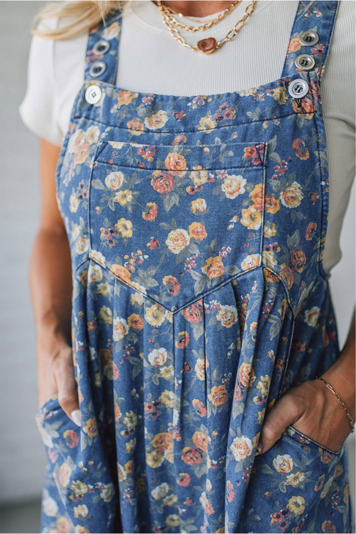 Rose-Printed Wide Leg Soft Denim Overalls