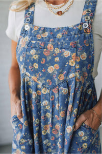 Rose-Printed Wide Leg Soft Denim Overalls