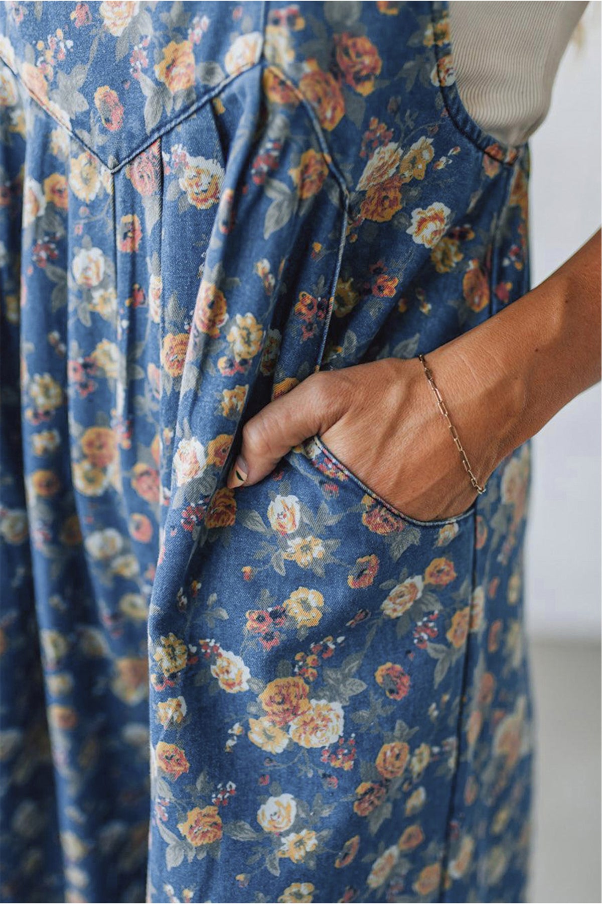 Rose-Printed Wide Leg Soft Denim Overalls