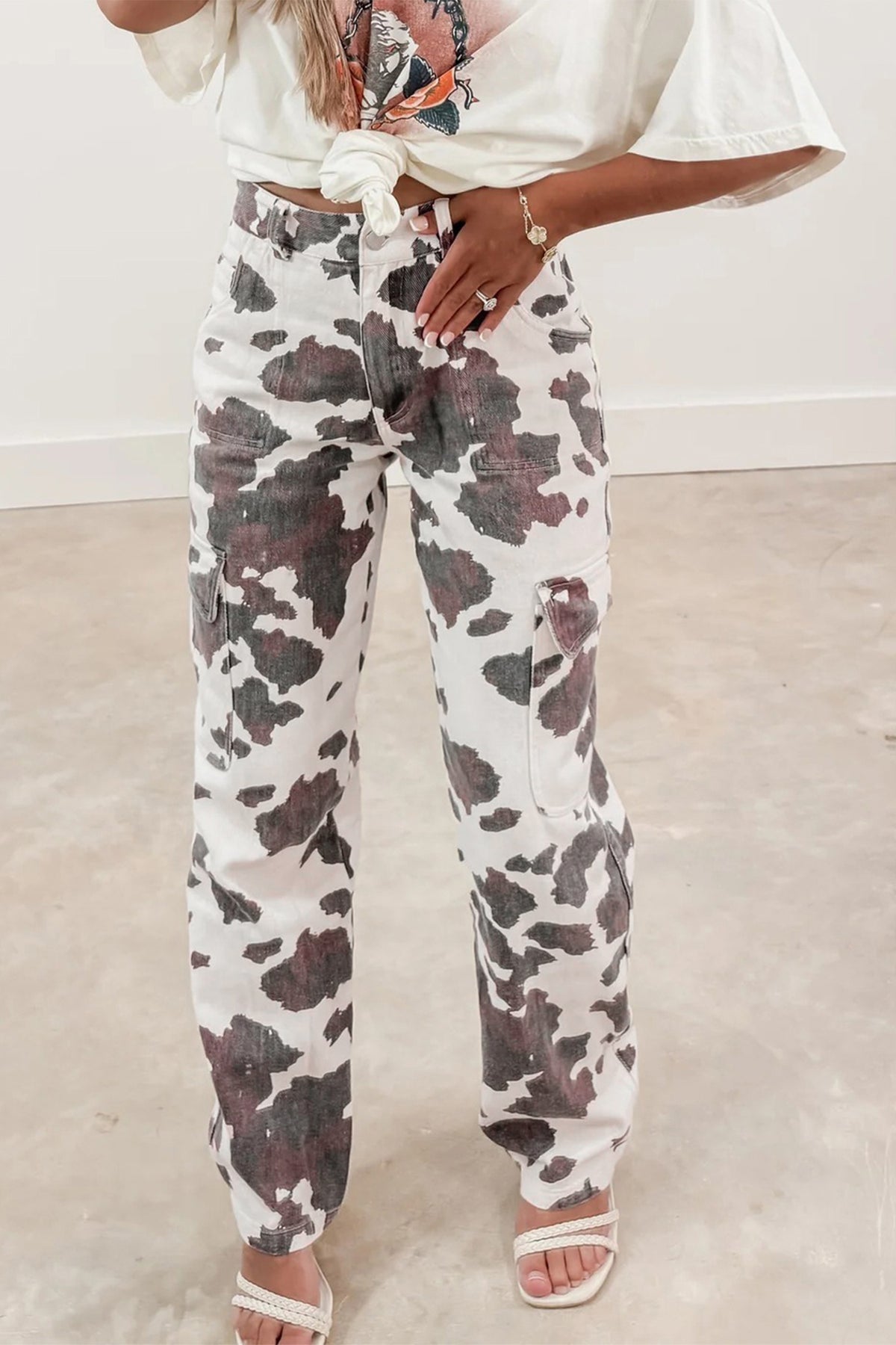 Daisy White Cargo Jeans with Cow Print