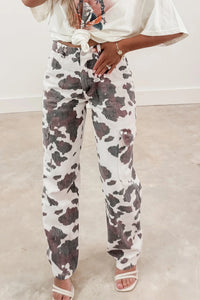 Daisy White Cargo Jeans with Cow Print