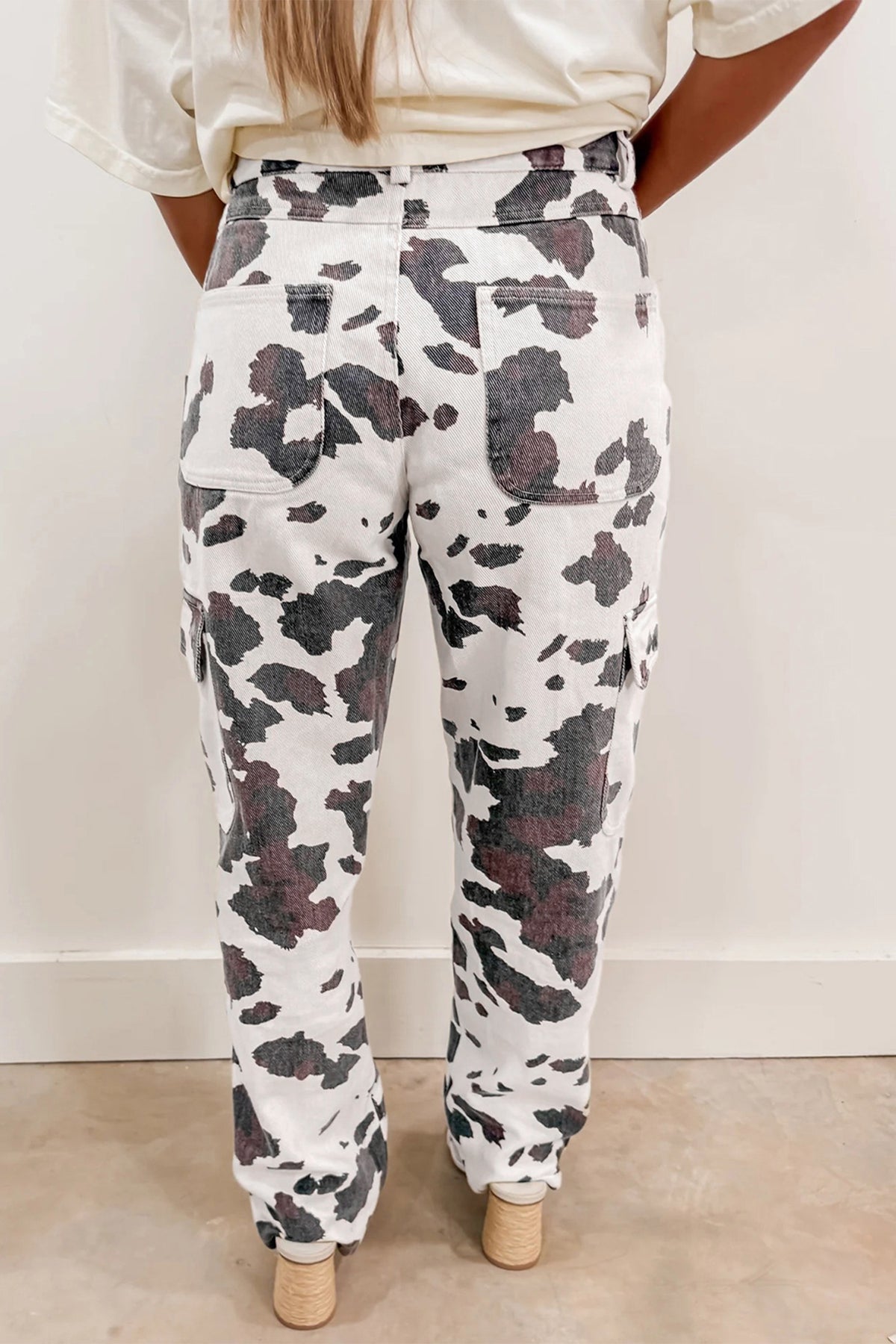 Daisy White Cargo Jeans with Cow Print