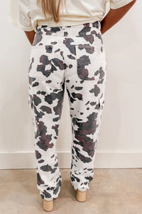 Daisy White Cargo Jeans with Cow Print