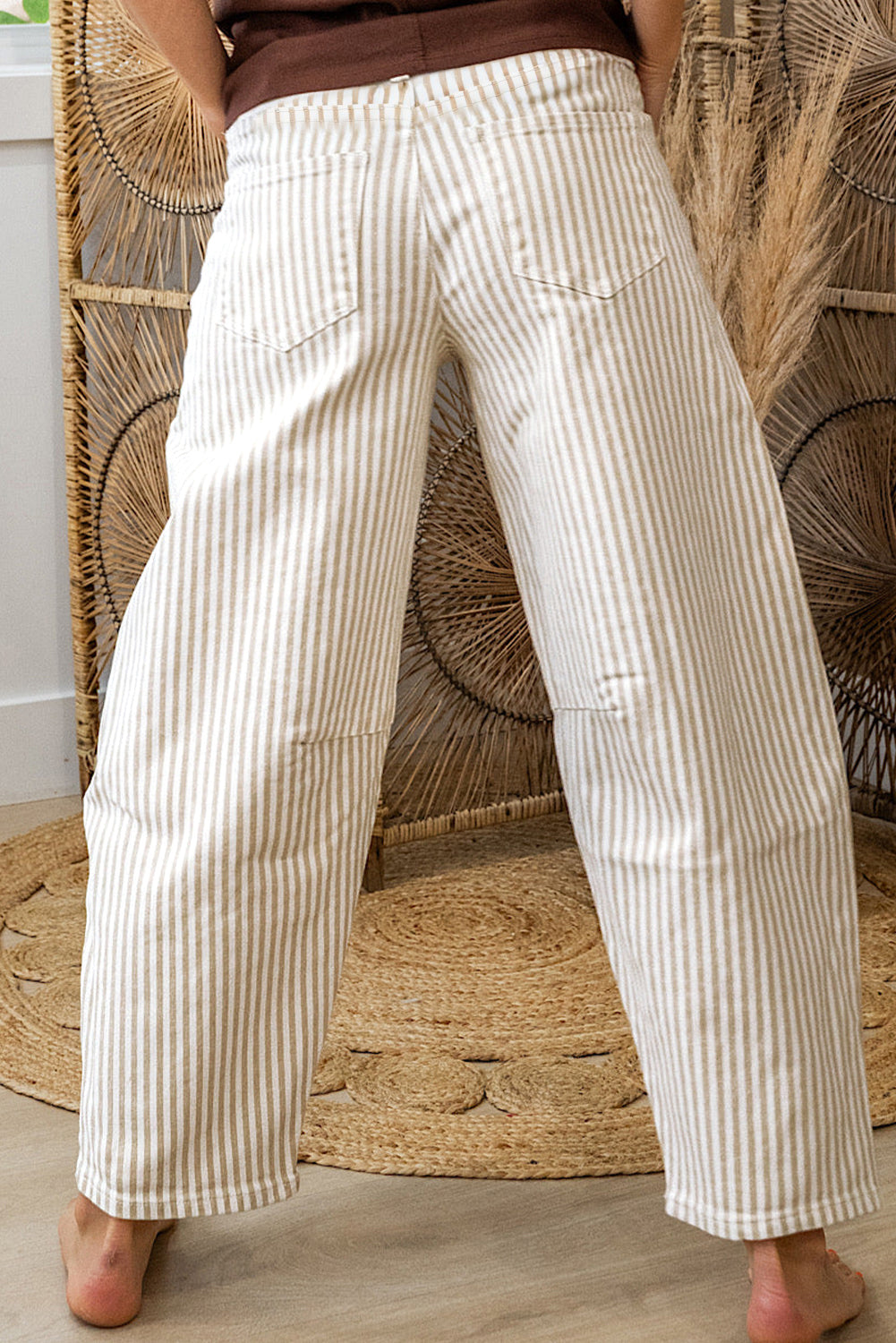 Khaki & White Striped Barrel Jeans
