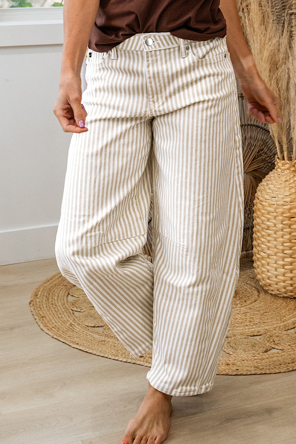 Khaki & White Striped Barrel Jeans