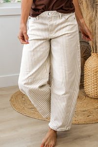 Khaki & White Striped Barrel Jeans